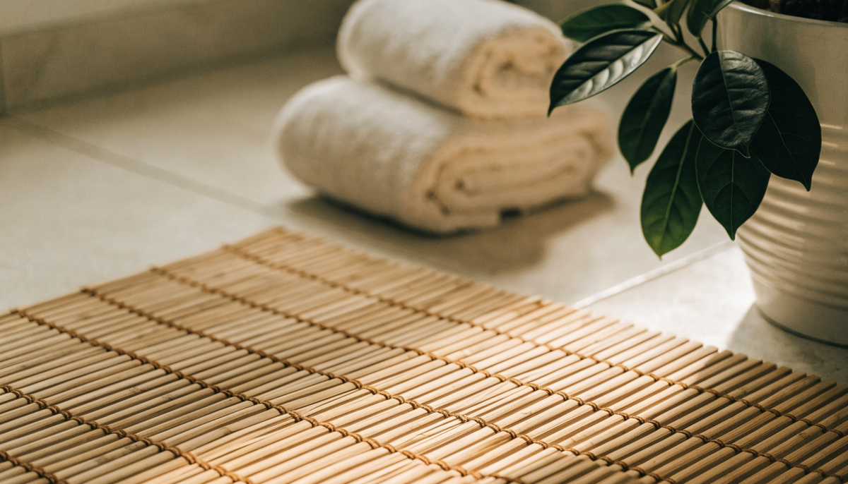 Tapis en lattes de bambou dans une salle de bain esprit spa Image