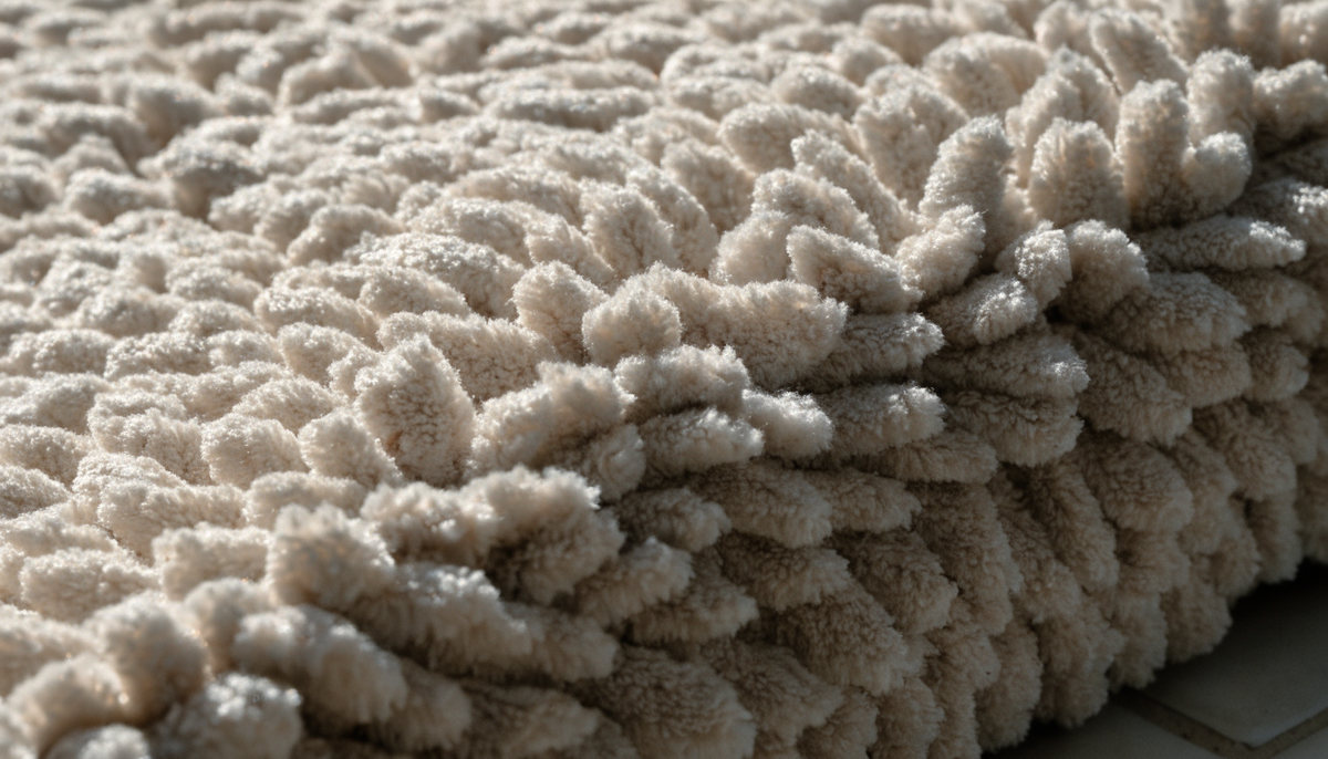 Gros plan sur la texture d'un tapis de bain en chenille épaisse