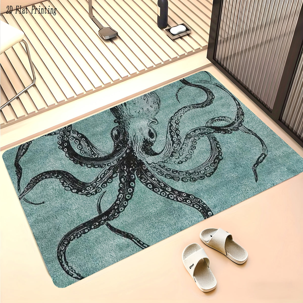 Tapis de salle de bain pieuvre, velours bouclé