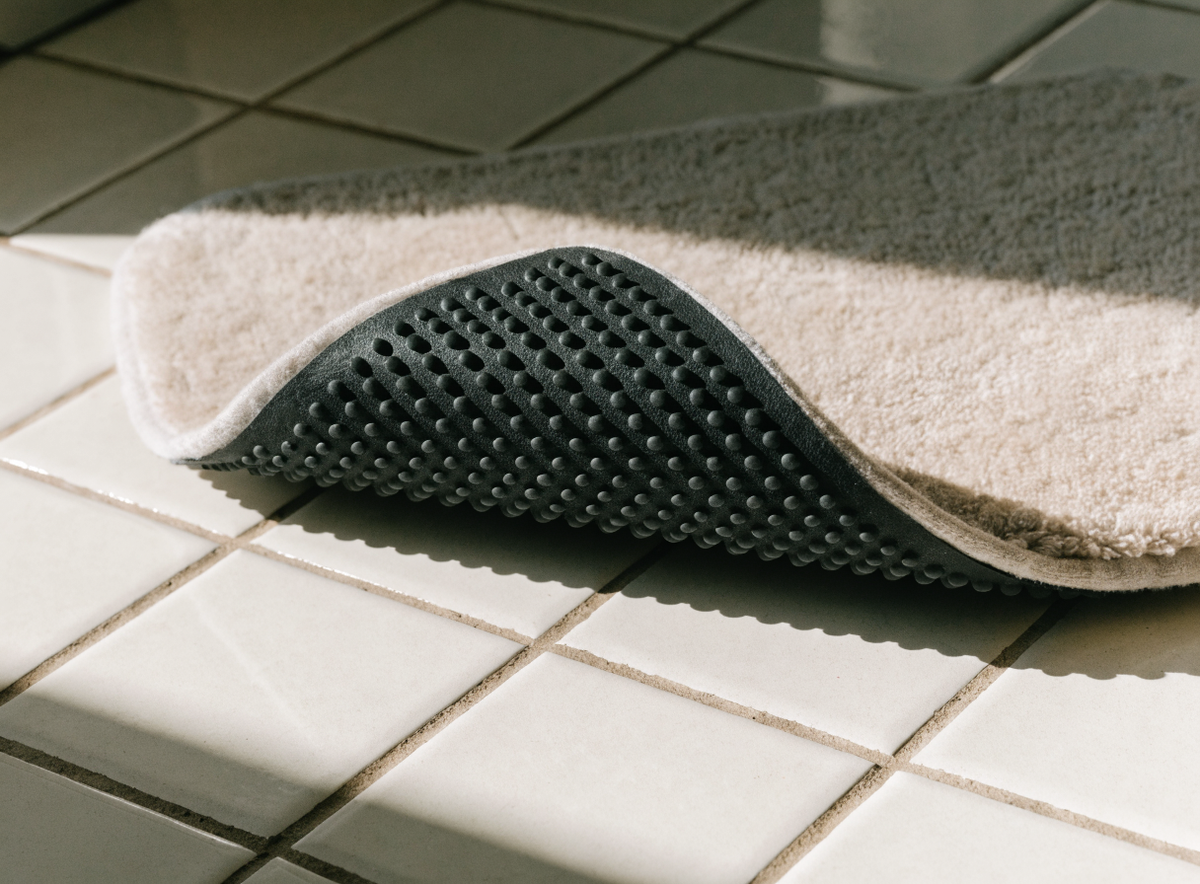 Tapis de bain soulevé montrant son envers antidérapant à picots Image