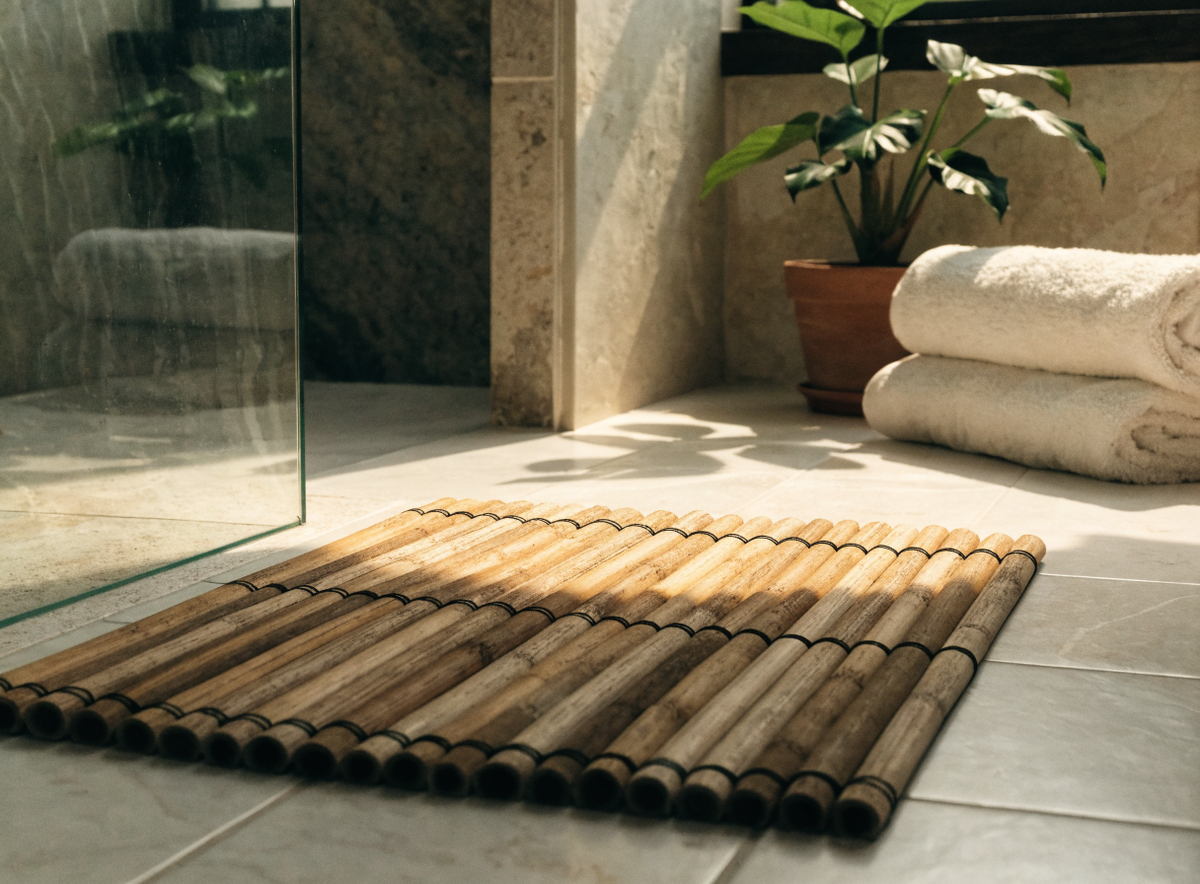 Tapis en lattes de bambou dans une salle de bain esprit spa Image