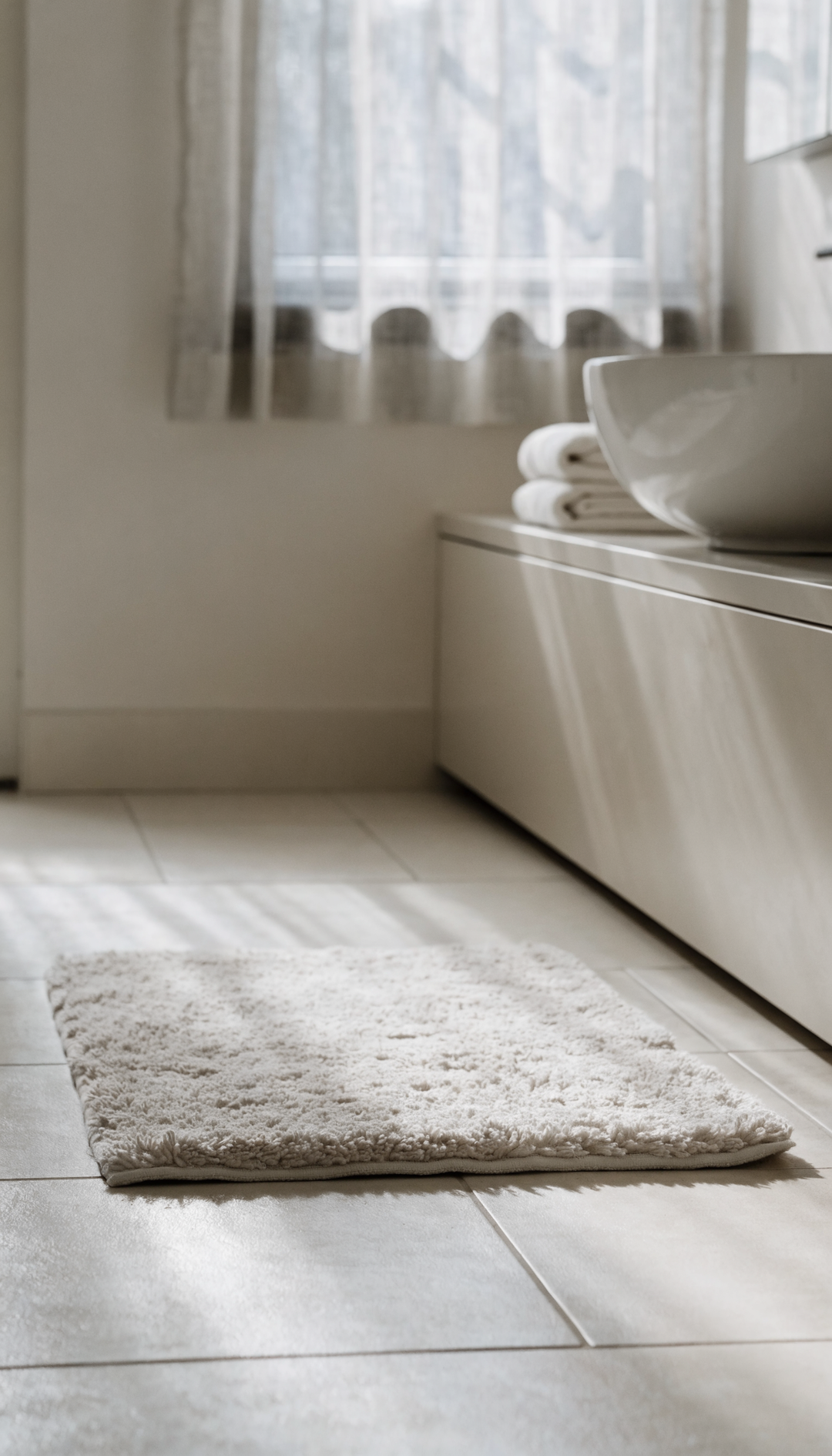 Tapis de bain moelleux devant un meuble vasque, vue verticale