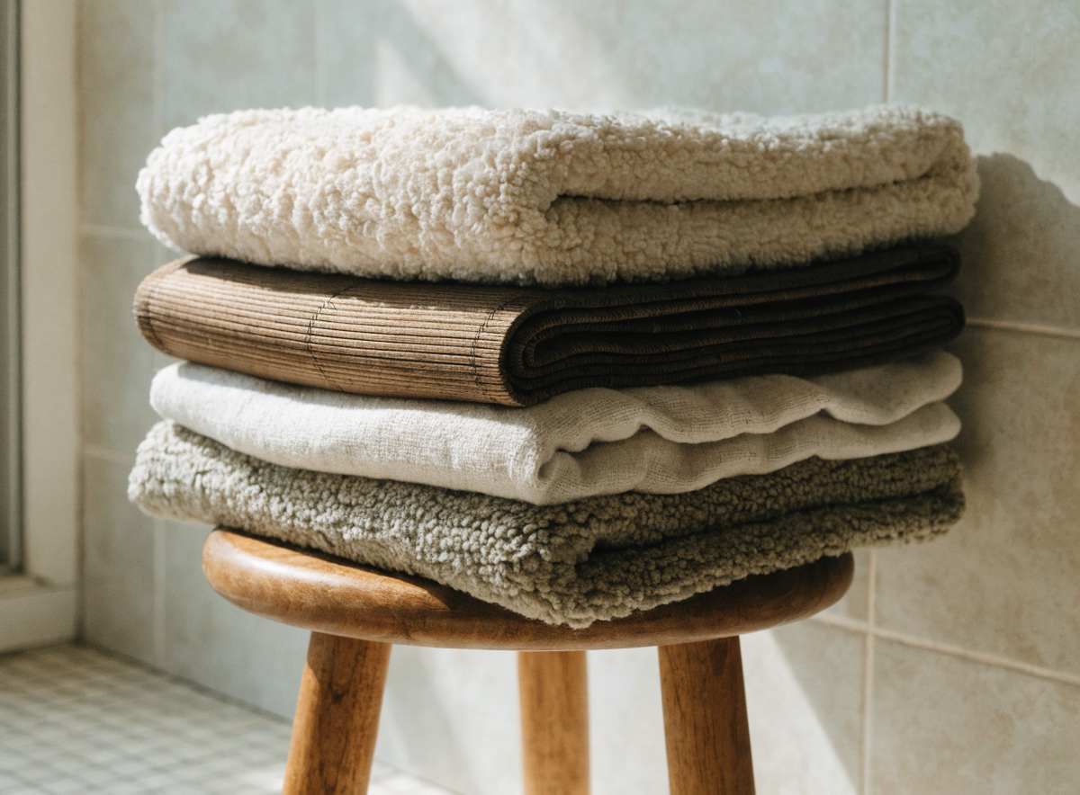 Tapis de bain de plusieurs matières pliés sur un tabouret en bois Image