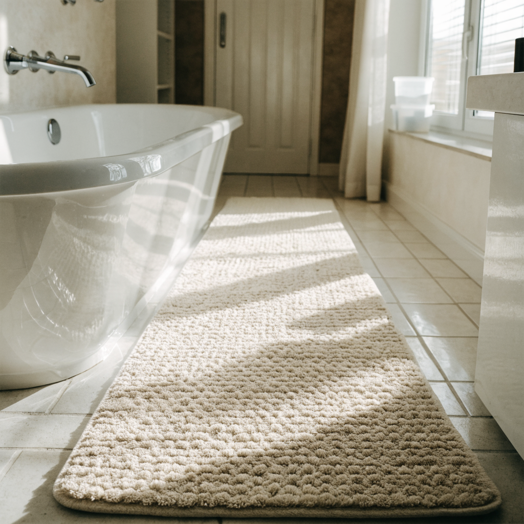 Tapis long installé le long d une baignoire