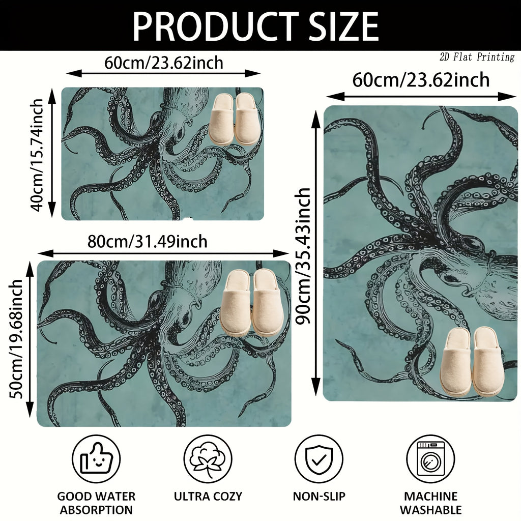 Tapis de salle de bain pieuvre, velours bouclé