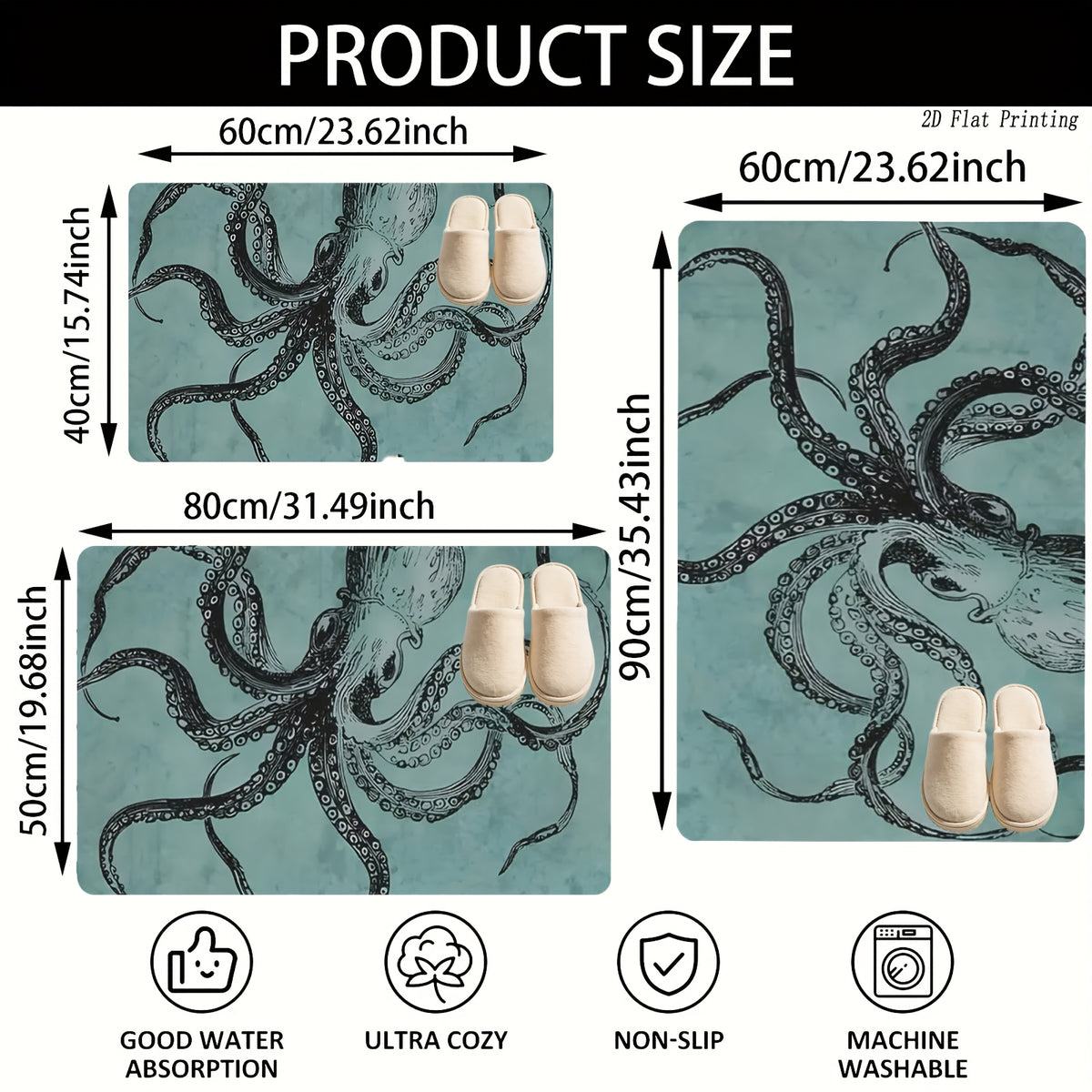 Tapis de salle de bain pieuvre, velours bouclé