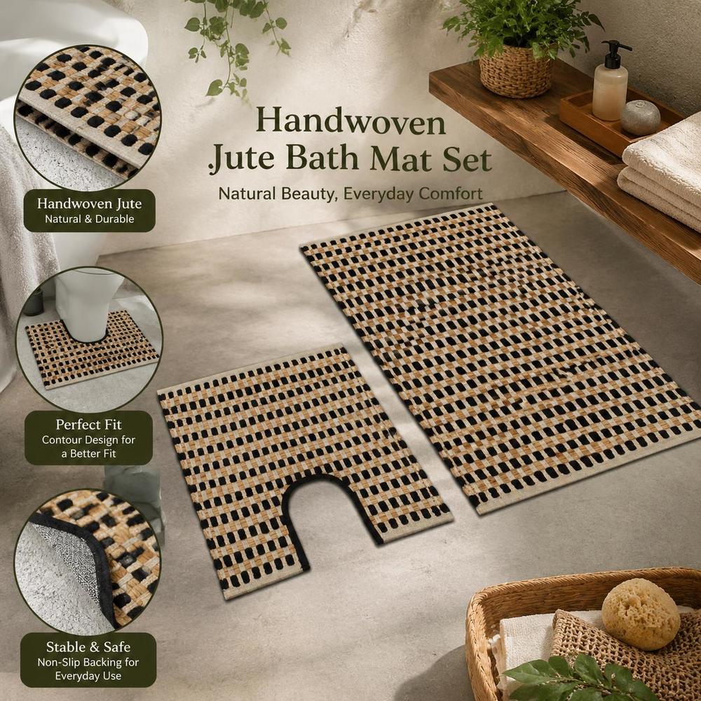 Tapis de salle de bain en jute, damier, contour WC