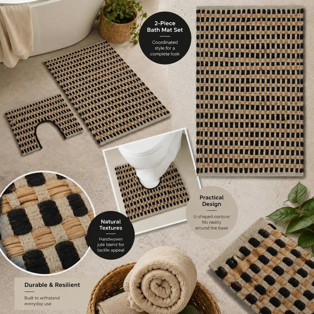 Tapis de salle de bain en jute, damier, contour WC