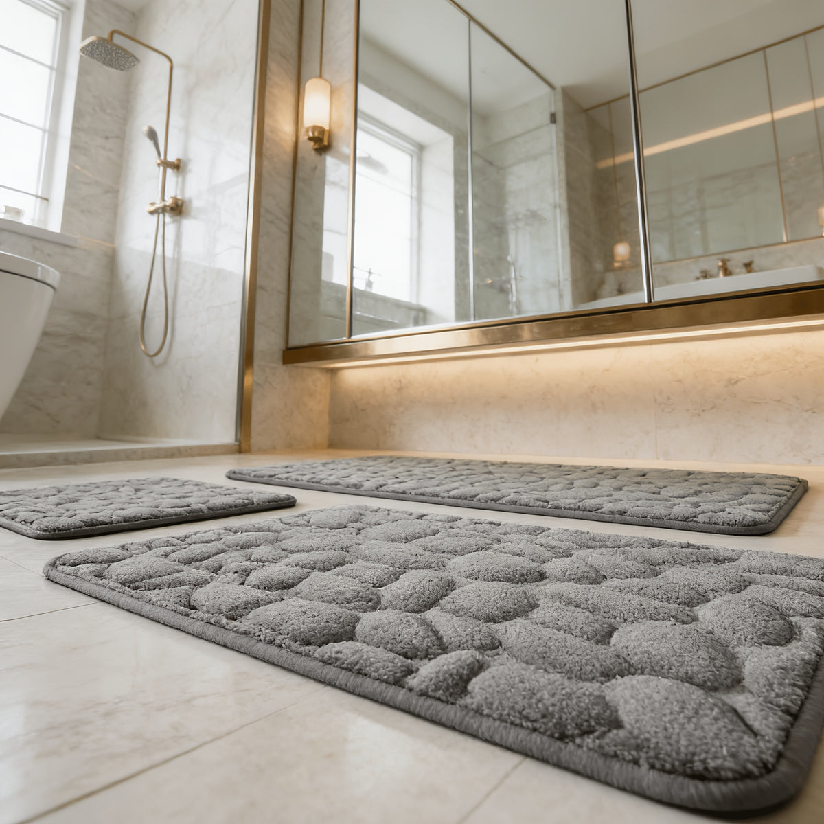 Tapis de salle de bain relief galets, ensemble de 3 pièces