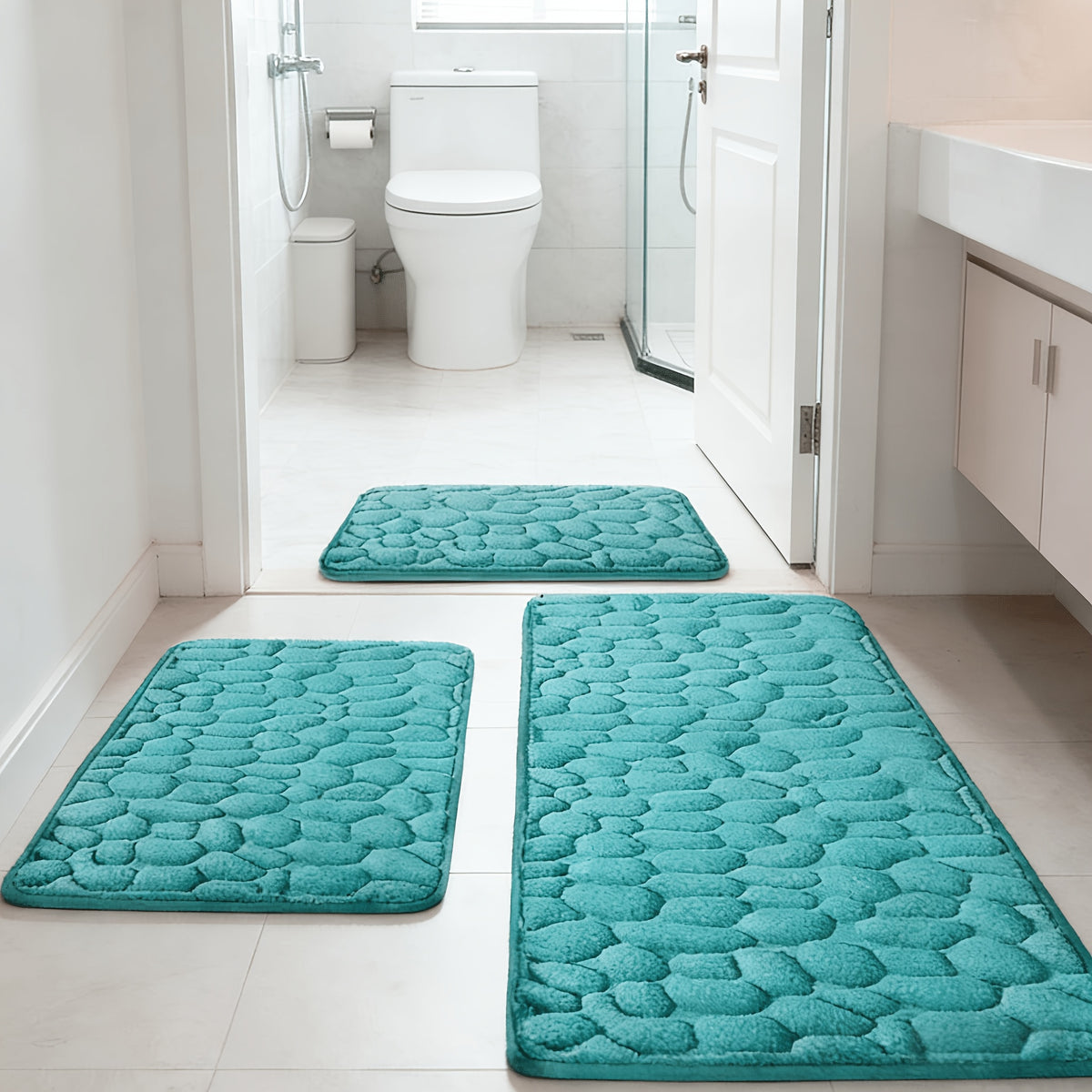 Tapis de salle de bain relief galets, ensemble de 3 pièces