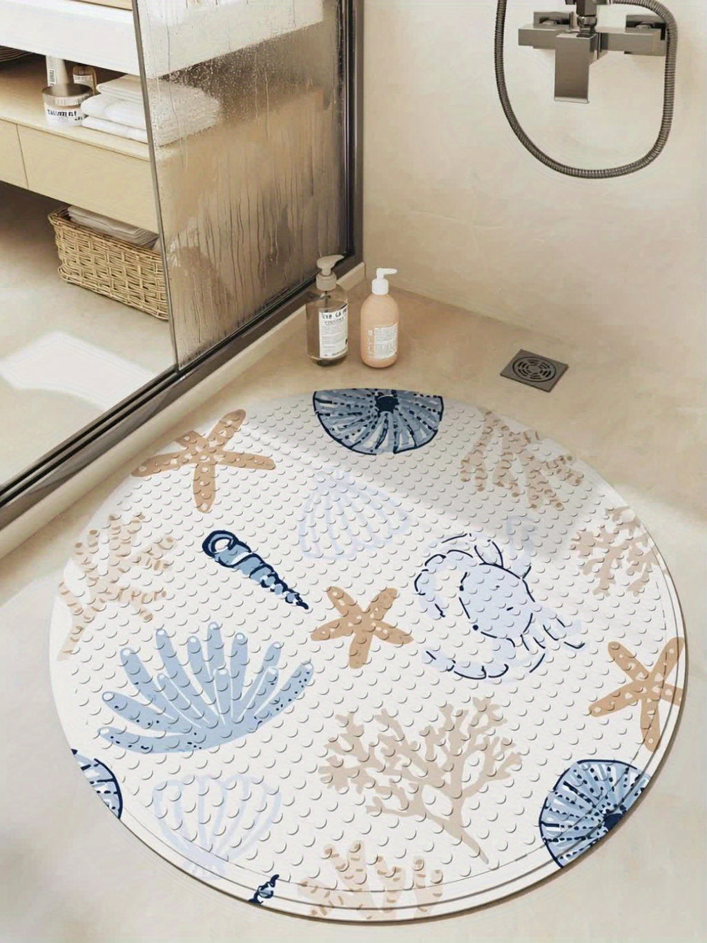 Tapis de bain rond à ventouses, décor coquillages