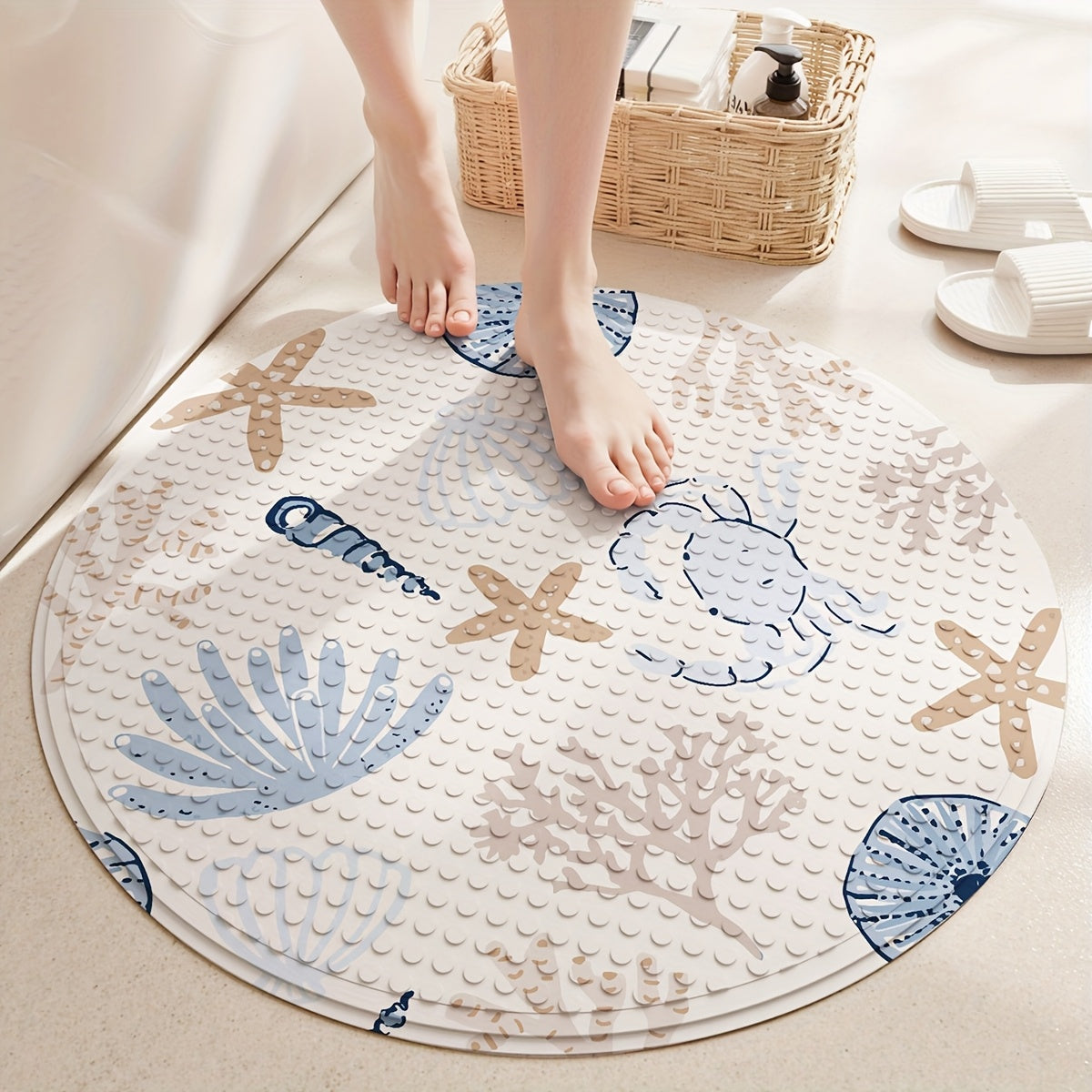 Tapis de bain rond à ventouses, décor coquillages