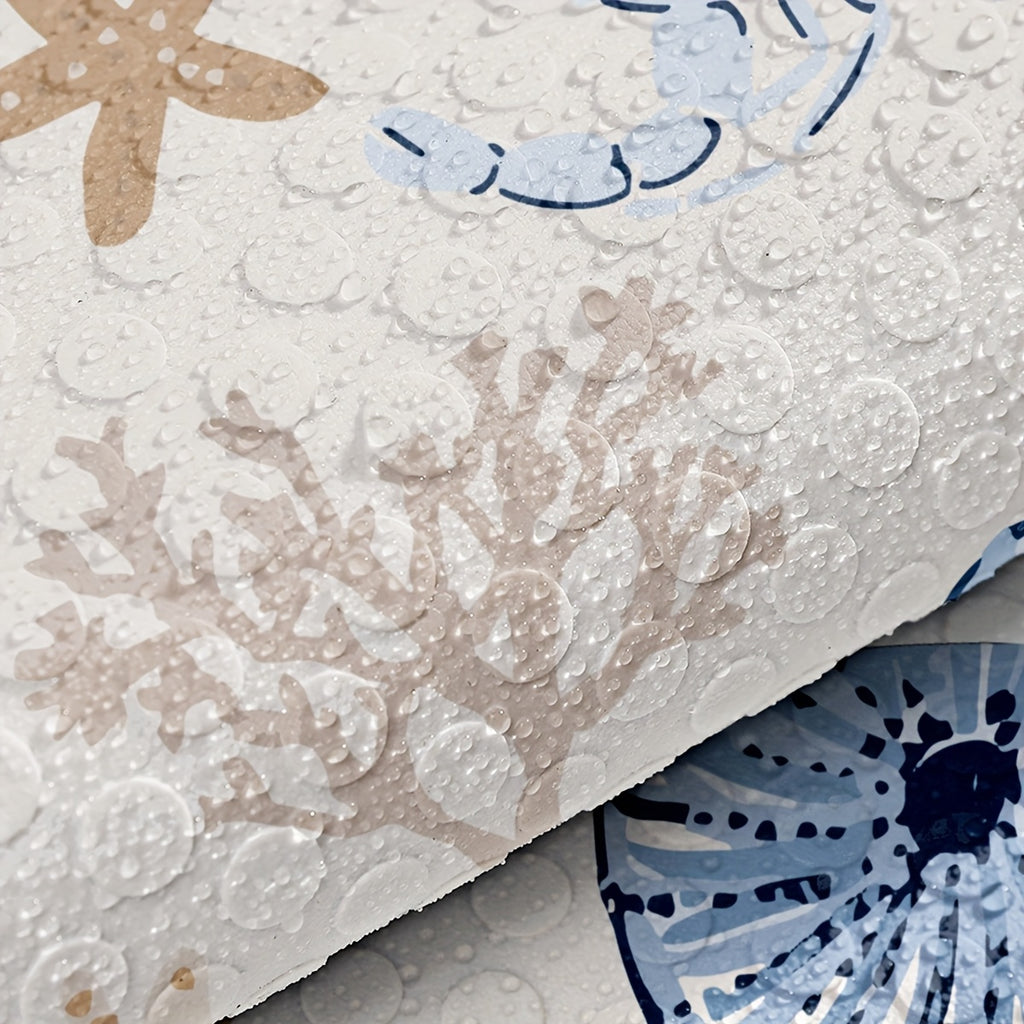 Tapis de bain rond à ventouses, décor coquillages