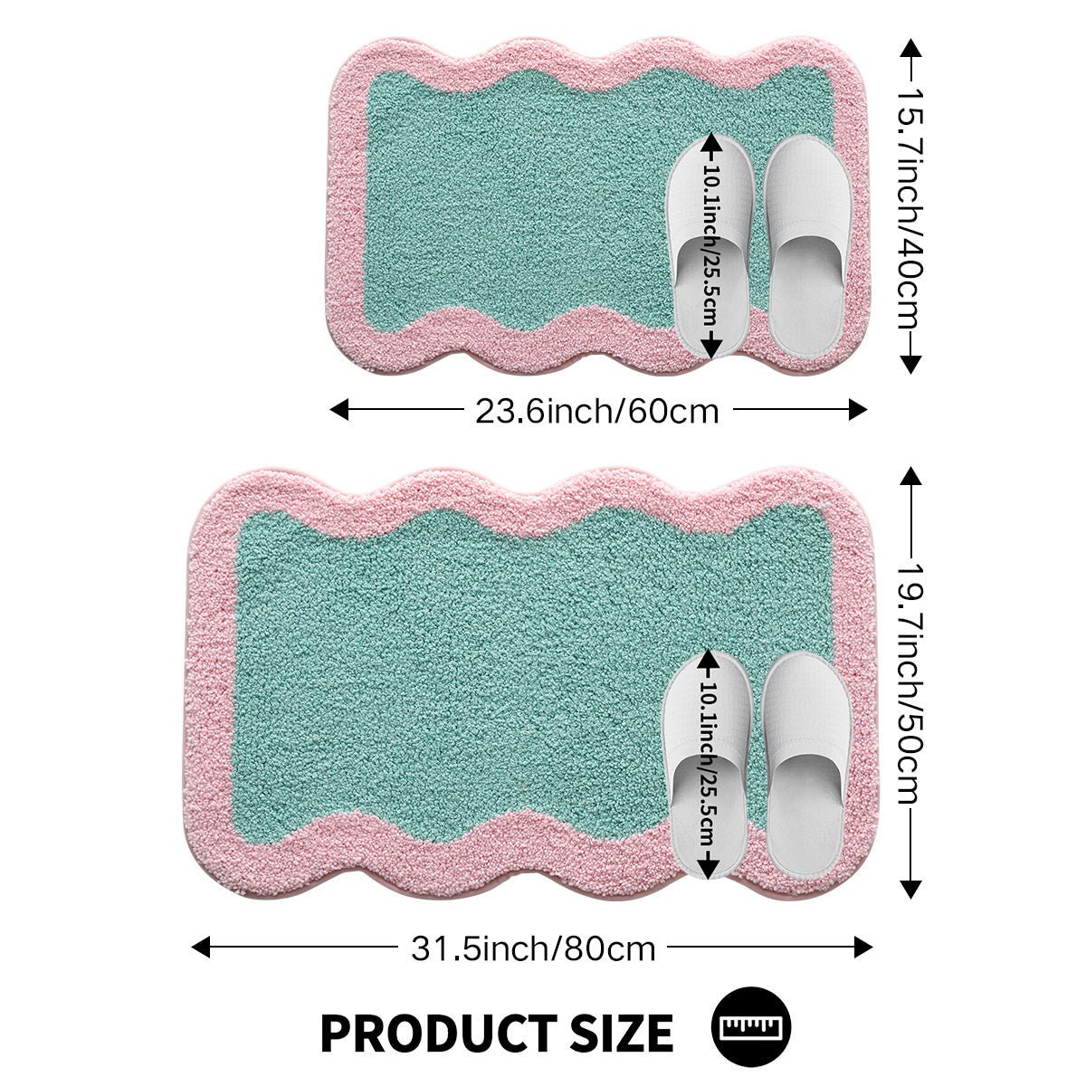 Tapis de bain à bord ondulé, 2 coloris, 3 cotes