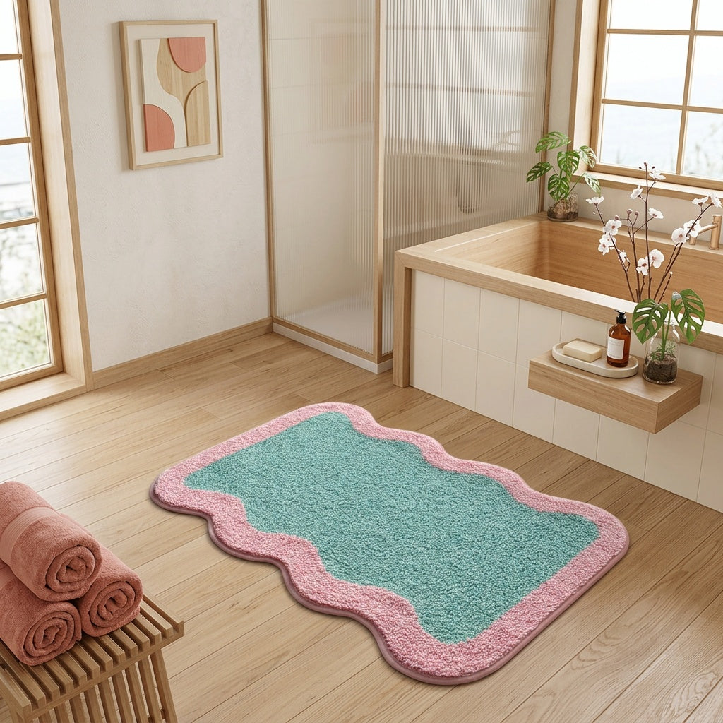 Tapis de bain à bord ondulé, 2 coloris, 3 cotes