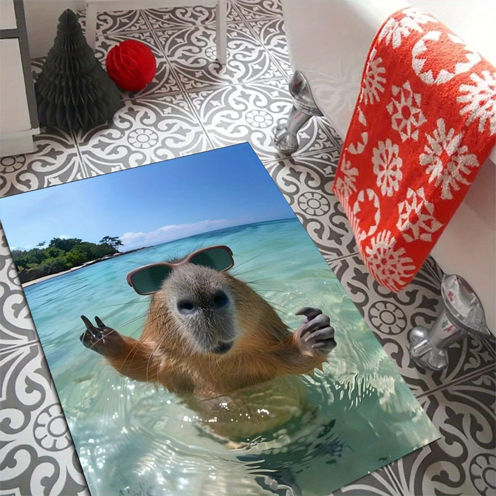 Tapis de salle de bain photo capybara à lunettes de soleil