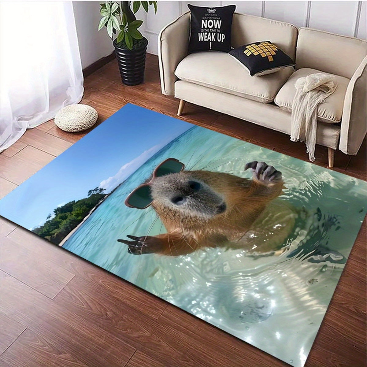 Tapis de salle de bain photo capybara à lunettes de soleil