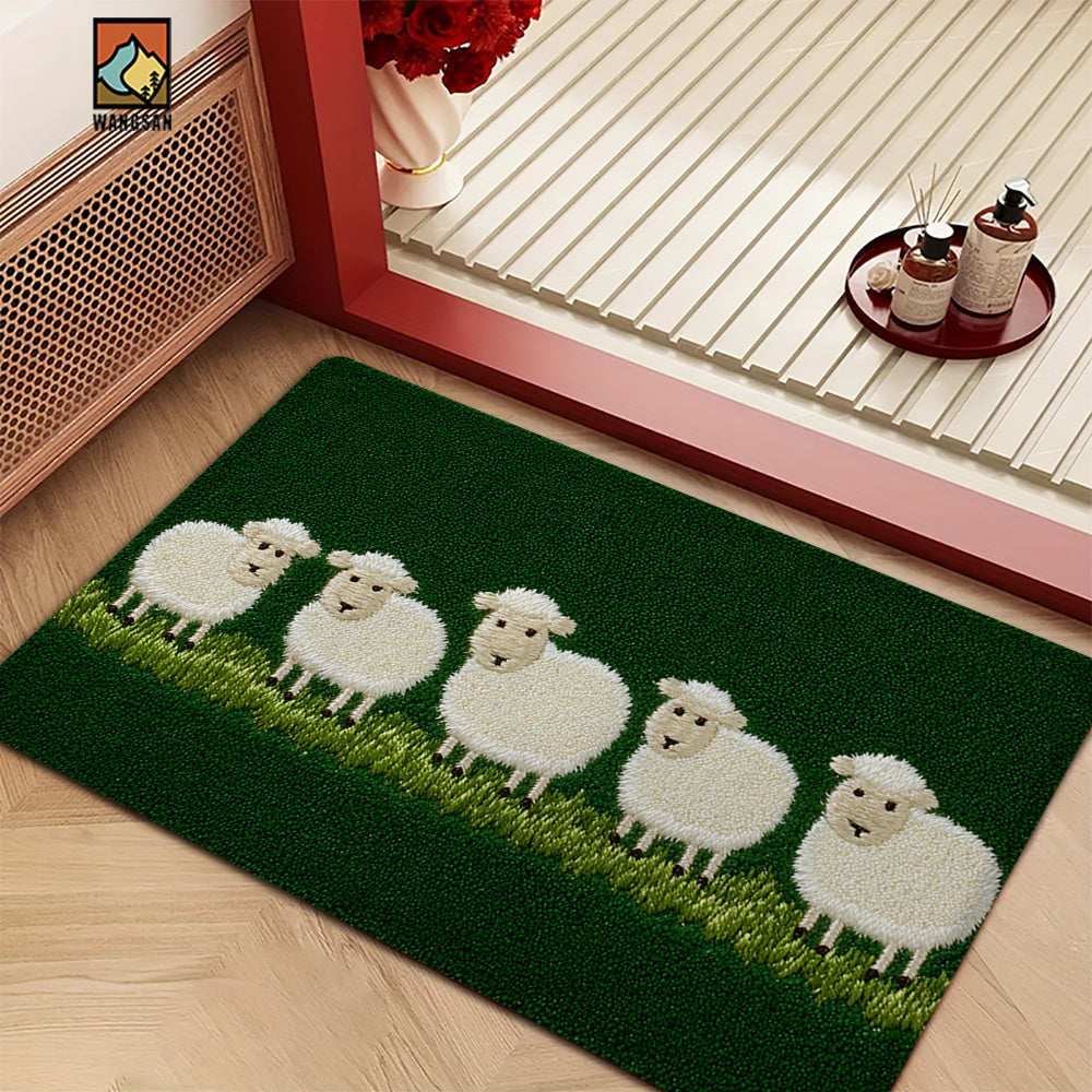 Tapis de salle de bain à motif moutons sur pré