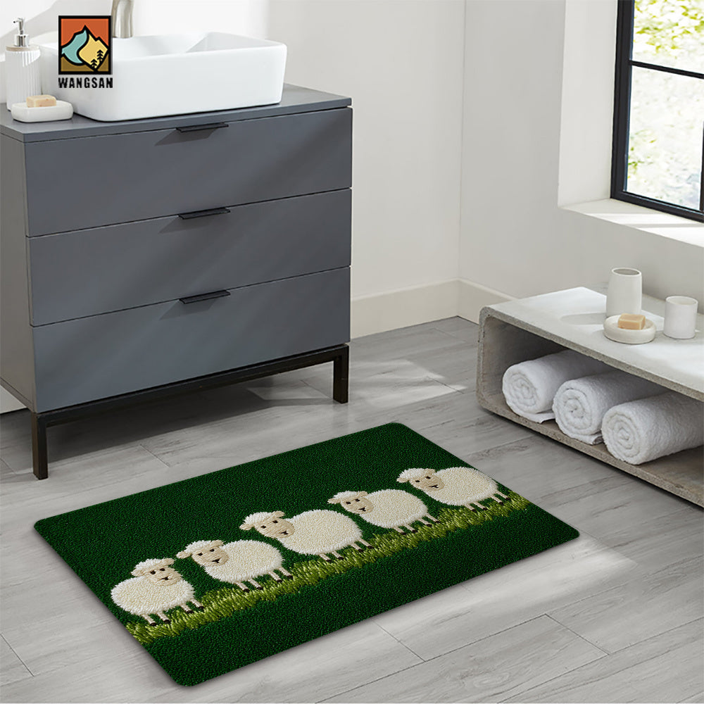 Tapis de salle de bain à motif moutons sur pré