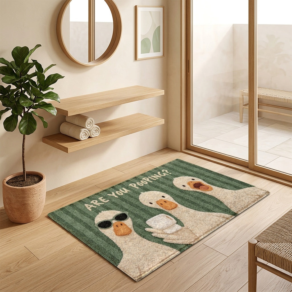 Tapis de salle de bain trois canards sur rayures
