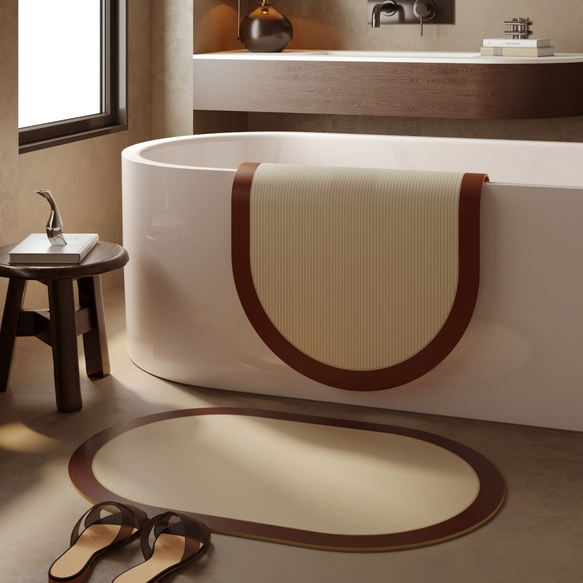 Tapis de salle de bain ovale nervuré, six coloris terreux
