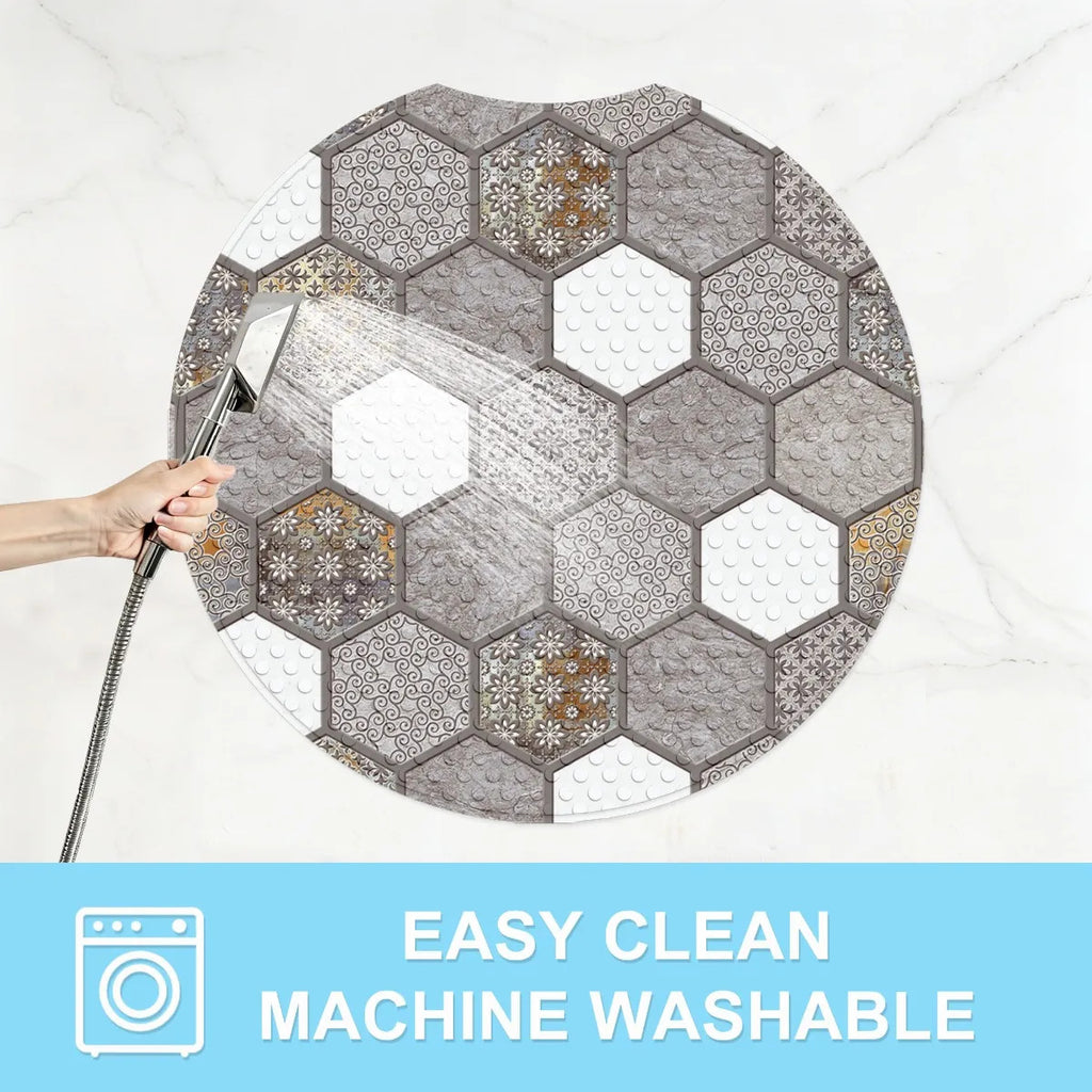 Tapis de douche rond PVC, carreaux de ciment hexagonaux
