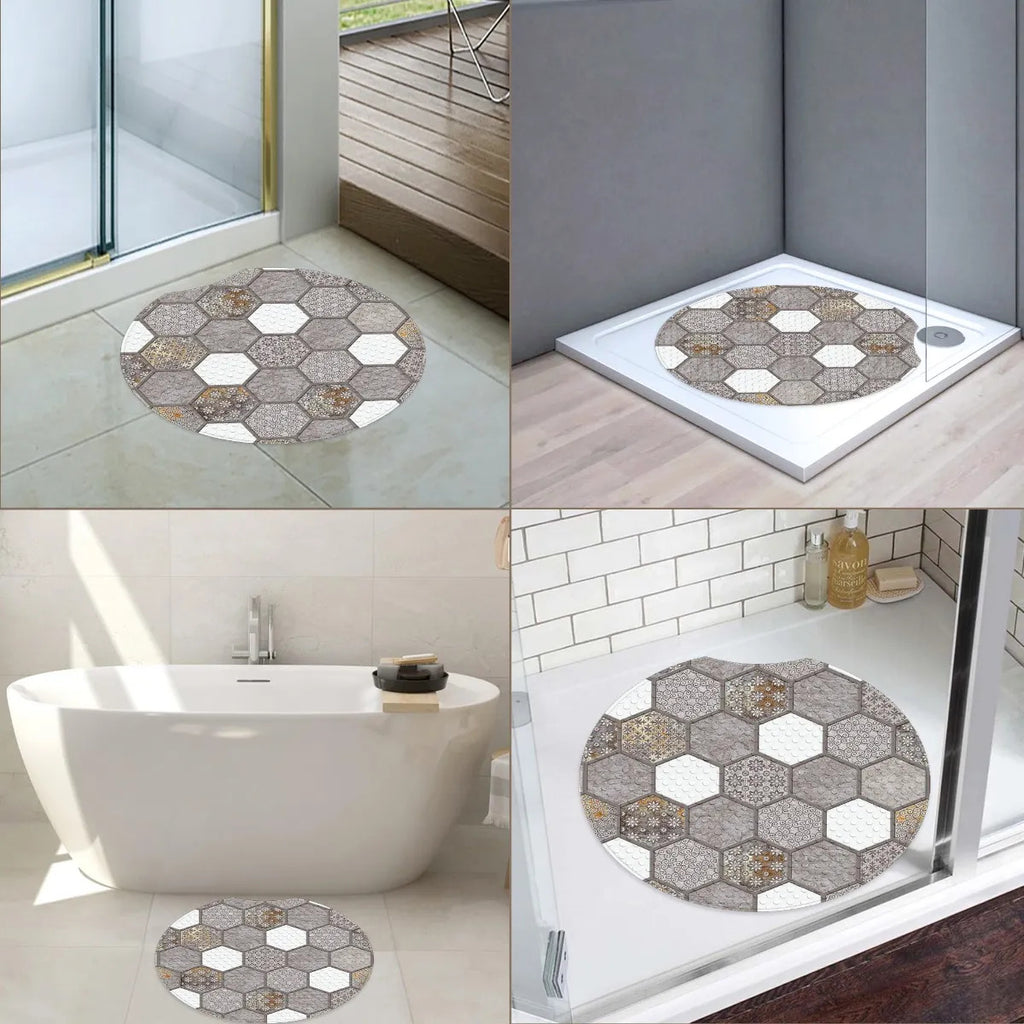 Tapis de douche rond PVC, carreaux de ciment hexagonaux