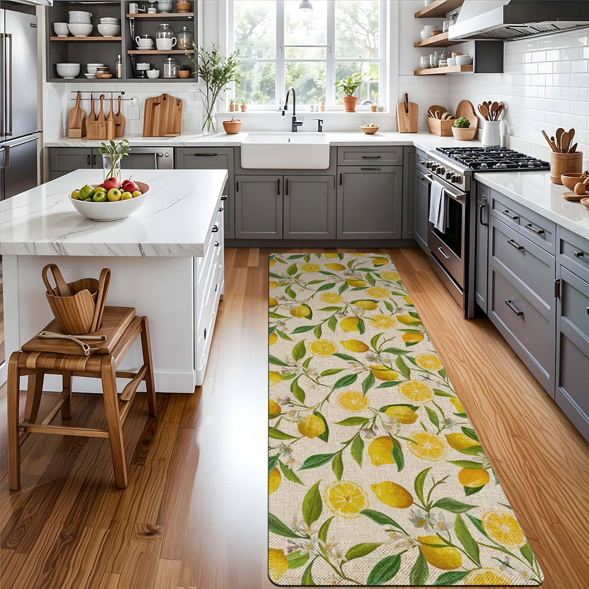 Tapis long imprimé citrons, sur fond de lin