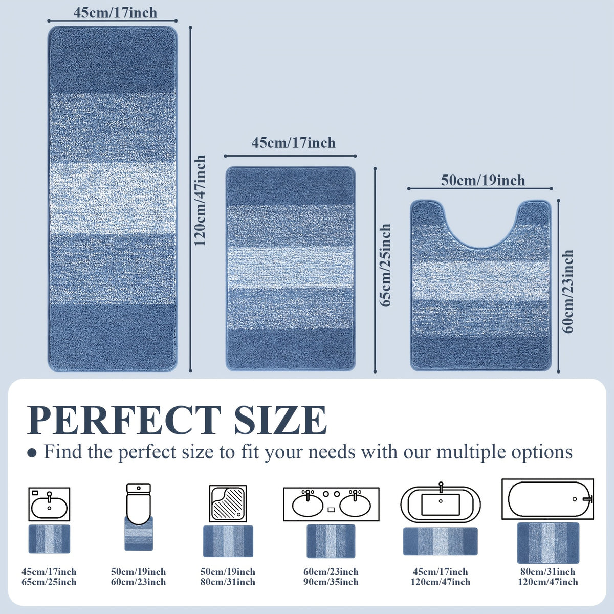 Tapis de salle de bain 3 pièces dégradé, tapis long inclus