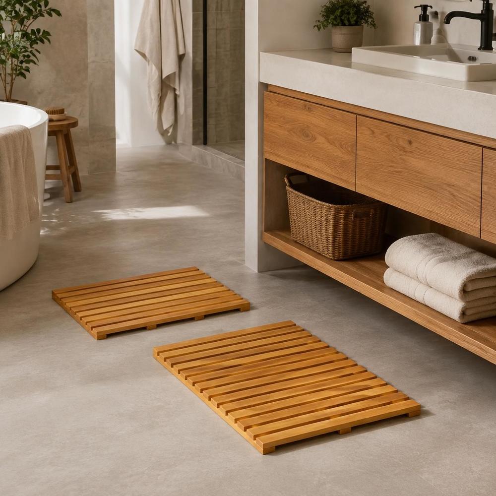 Tapis de salle de bain en acacia massif, lot de 2