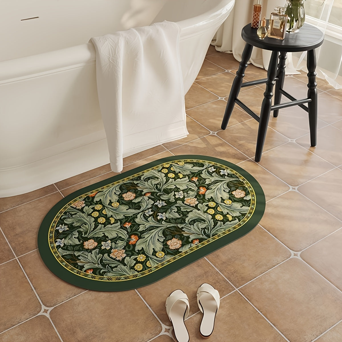 Tapis de salle de bain imprimé acanthe forêt, plat