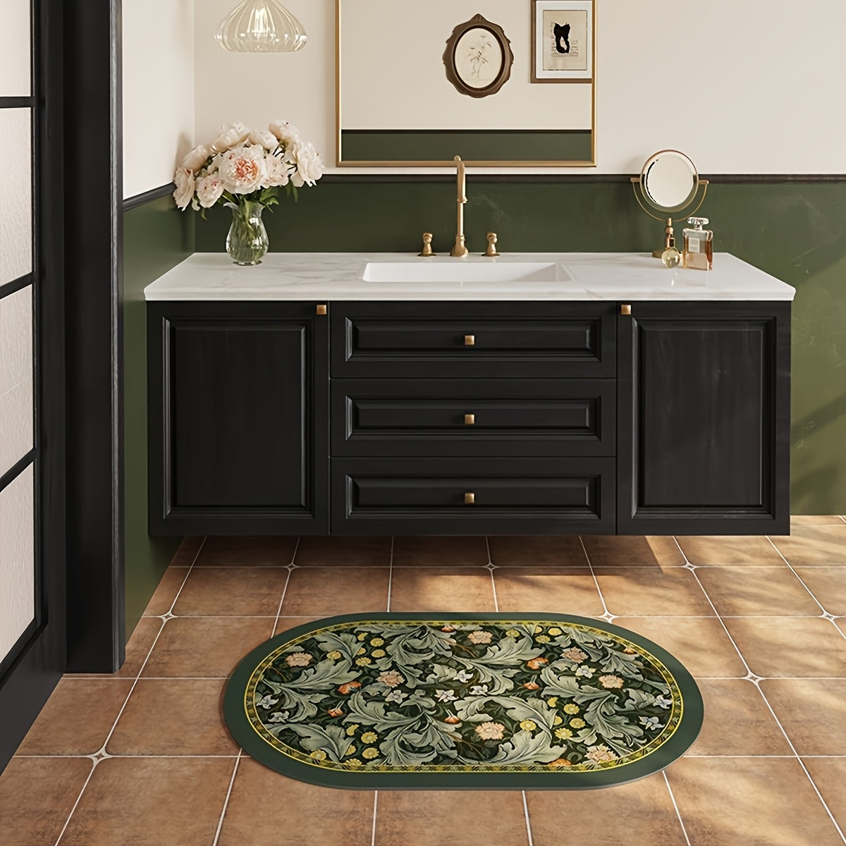 Tapis de salle de bain imprimé acanthe forêt, plat