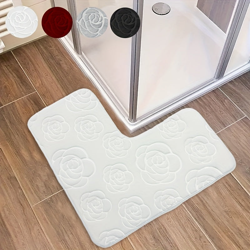 Tapis de salle de bain d'angle, camélias en relief
