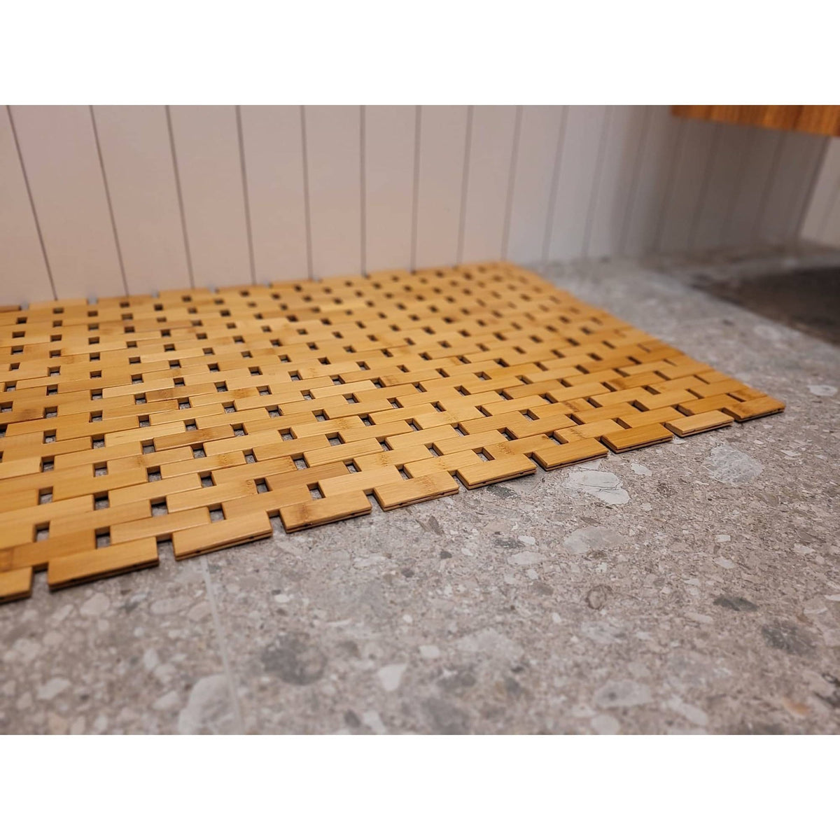 Tapis de salle de bain en bambou, tressage briques