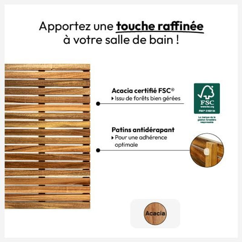 Tapis de salle de bain en acacia certifié FSC