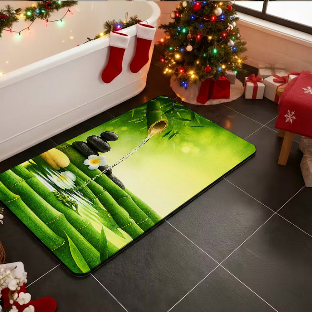 Tapis de salle de bain en caoutchouc, imprimé bambou et galets