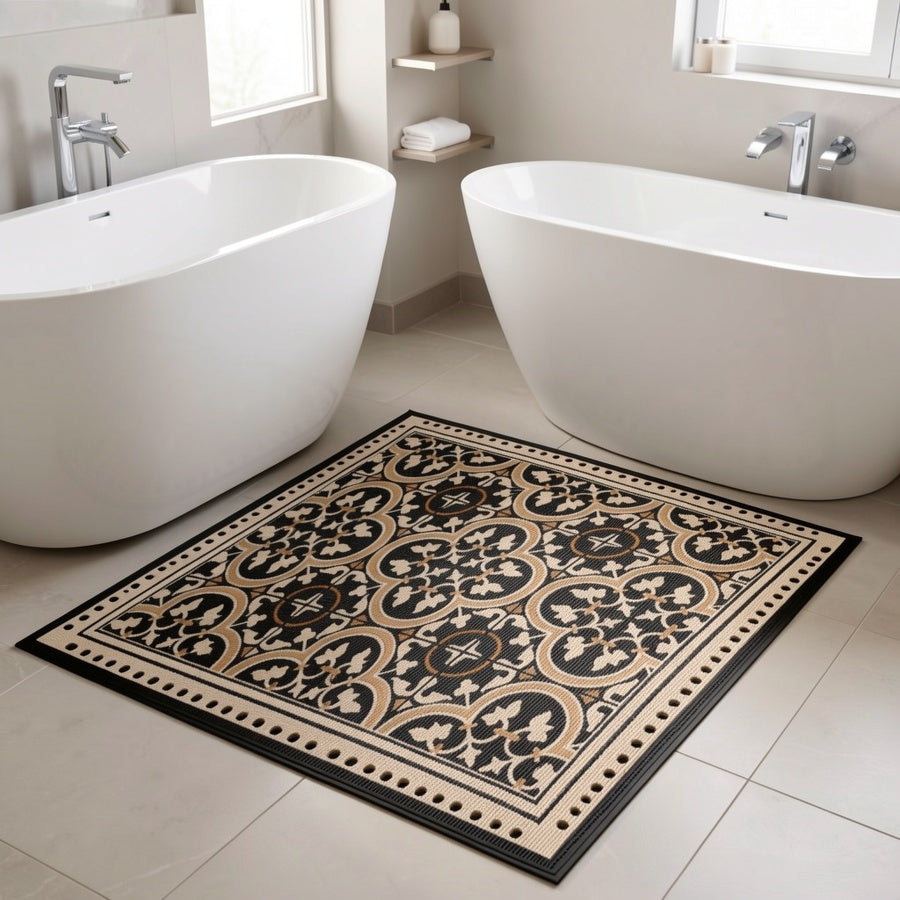 Tapis de salle de bain carré, carreaux de ciment et or