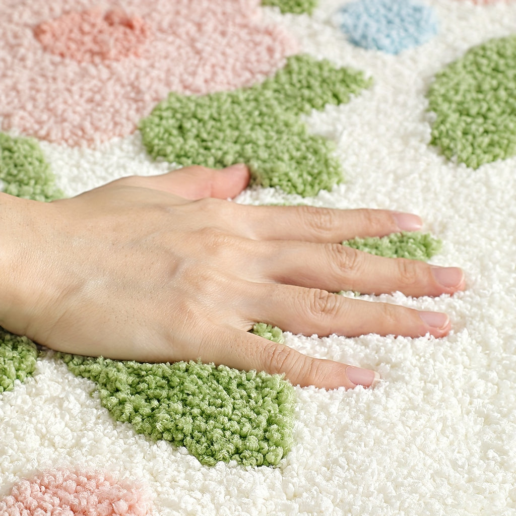 Tapis de salle de bain carré, bouquet de fleurs tufté