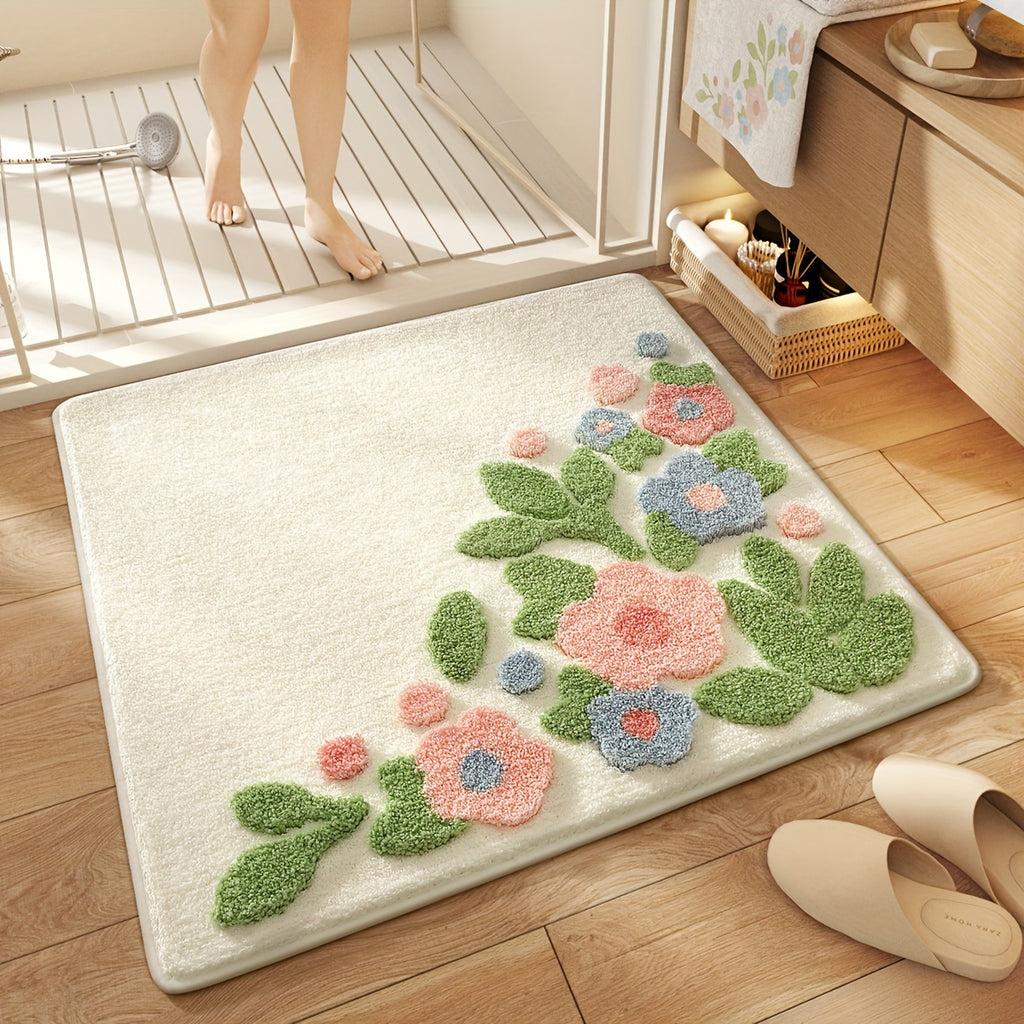 Tapis de salle de bain carré, bouquet de fleurs tufté
