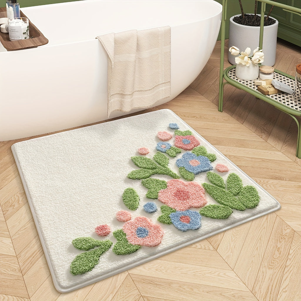 Tapis de salle de bain carré, bouquet de fleurs tufté