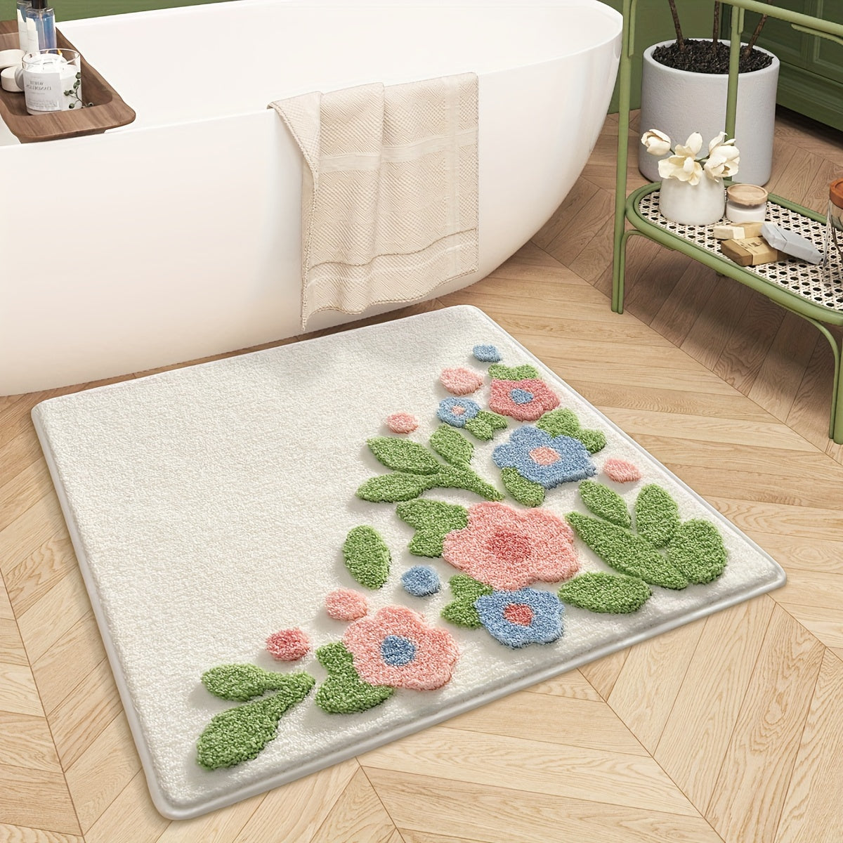 Tapis de salle de bain carré, bouquet de fleurs tufté