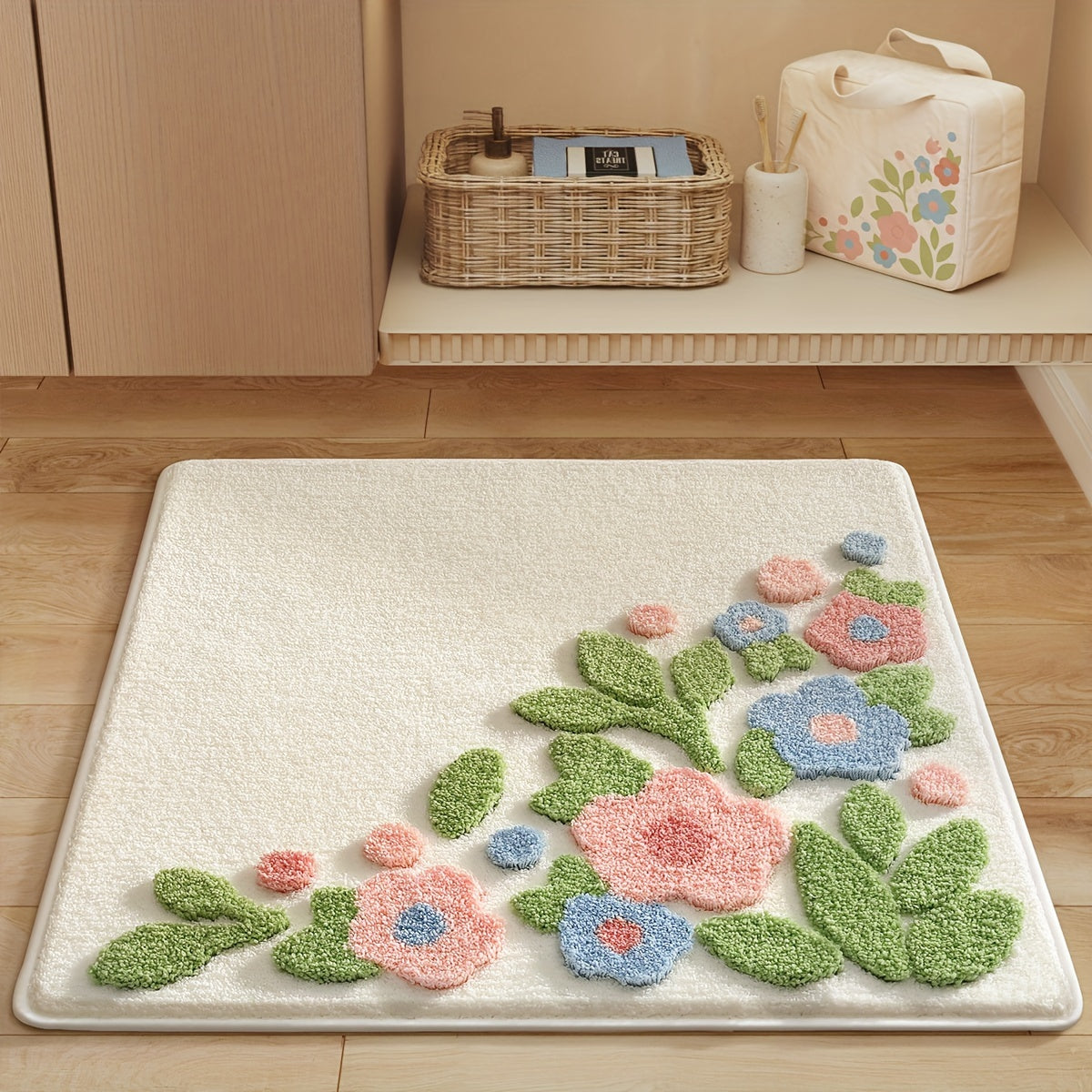 Tapis de salle de bain carré, bouquet de fleurs tufté