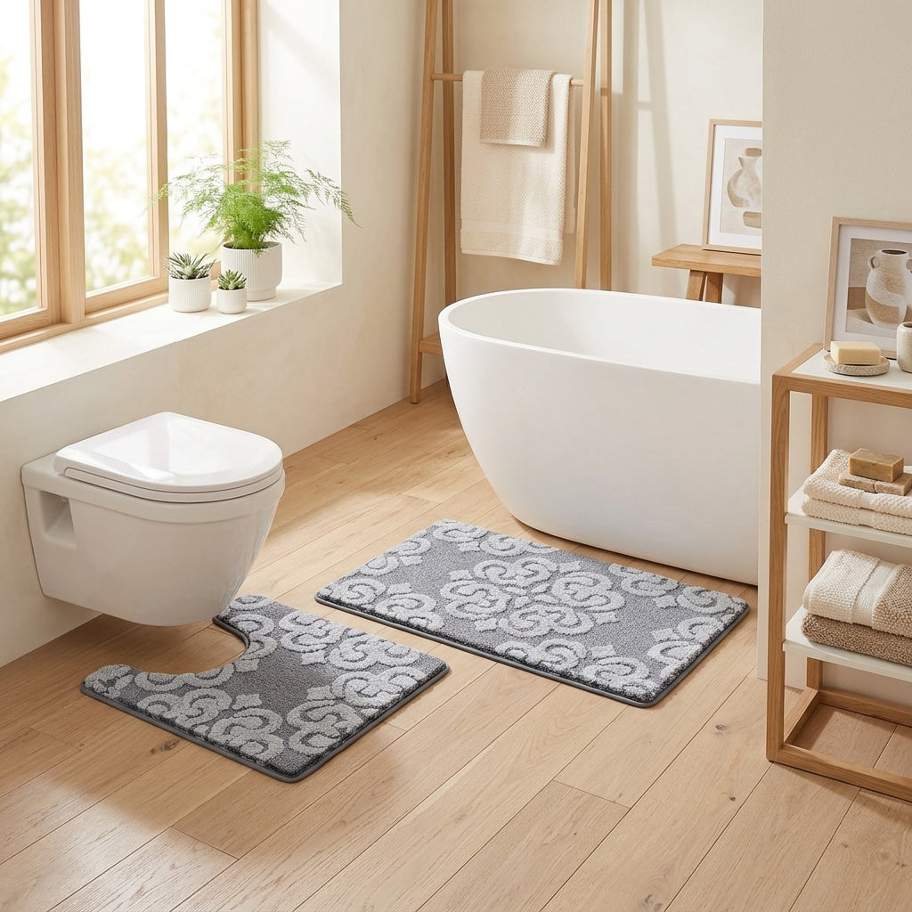 Tapis de salle de bain motif damas, découpe WC