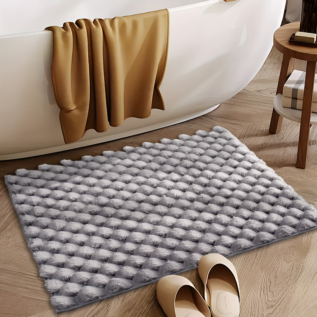Tapis de salle de bain à damier bombé, velours bouclé doux
