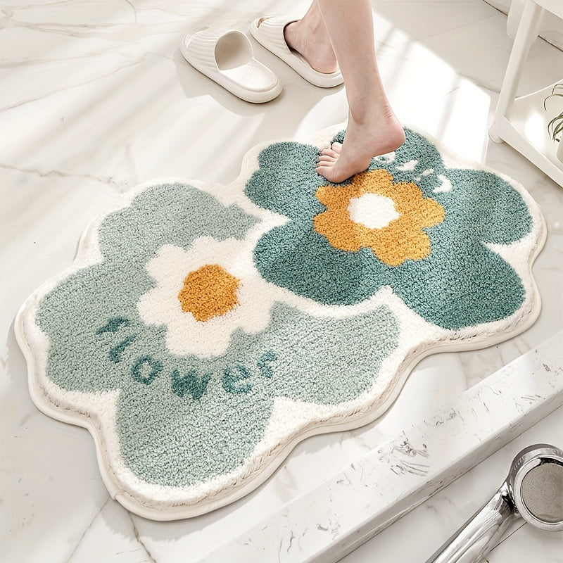 Tapis de salle de bain fleurs, forme découpée et moelleux