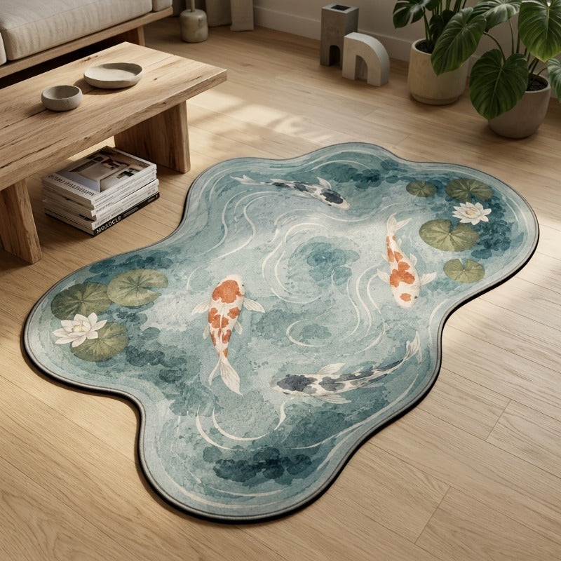 Tapis de salle de bain forme nuage, carpes koï imprimées