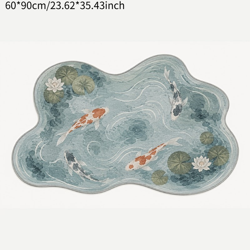 Tapis de salle de bain forme nuage, carpes koï imprimées