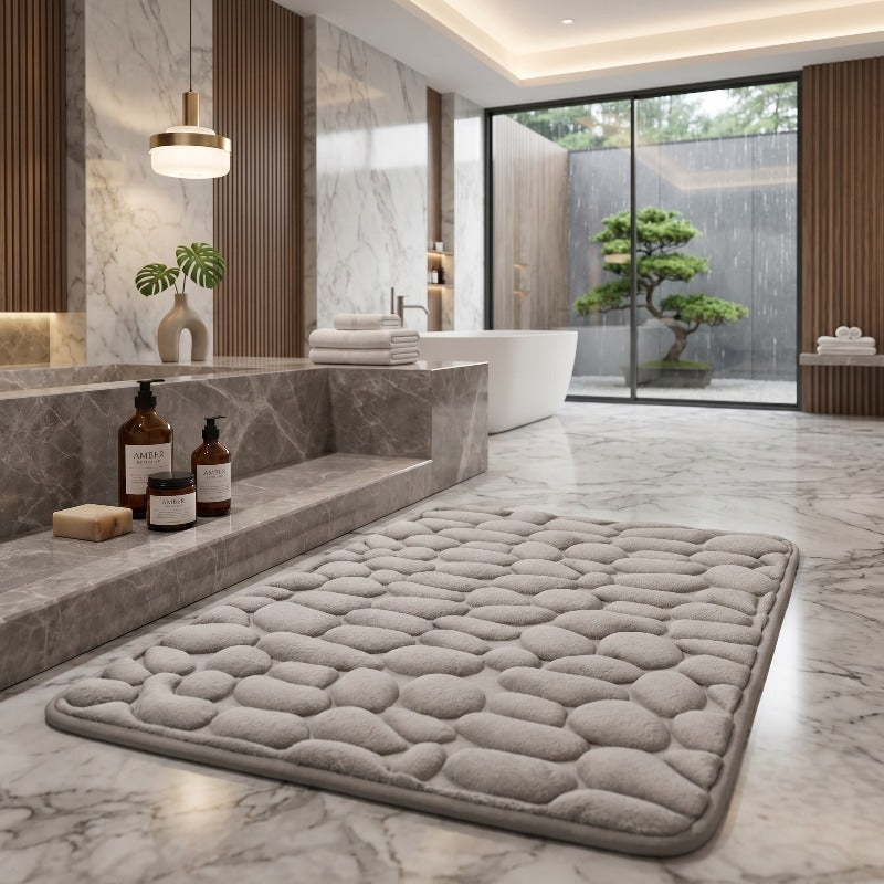 Tapis de salle de bain à galets dos PVC, 2 chiffons inclus