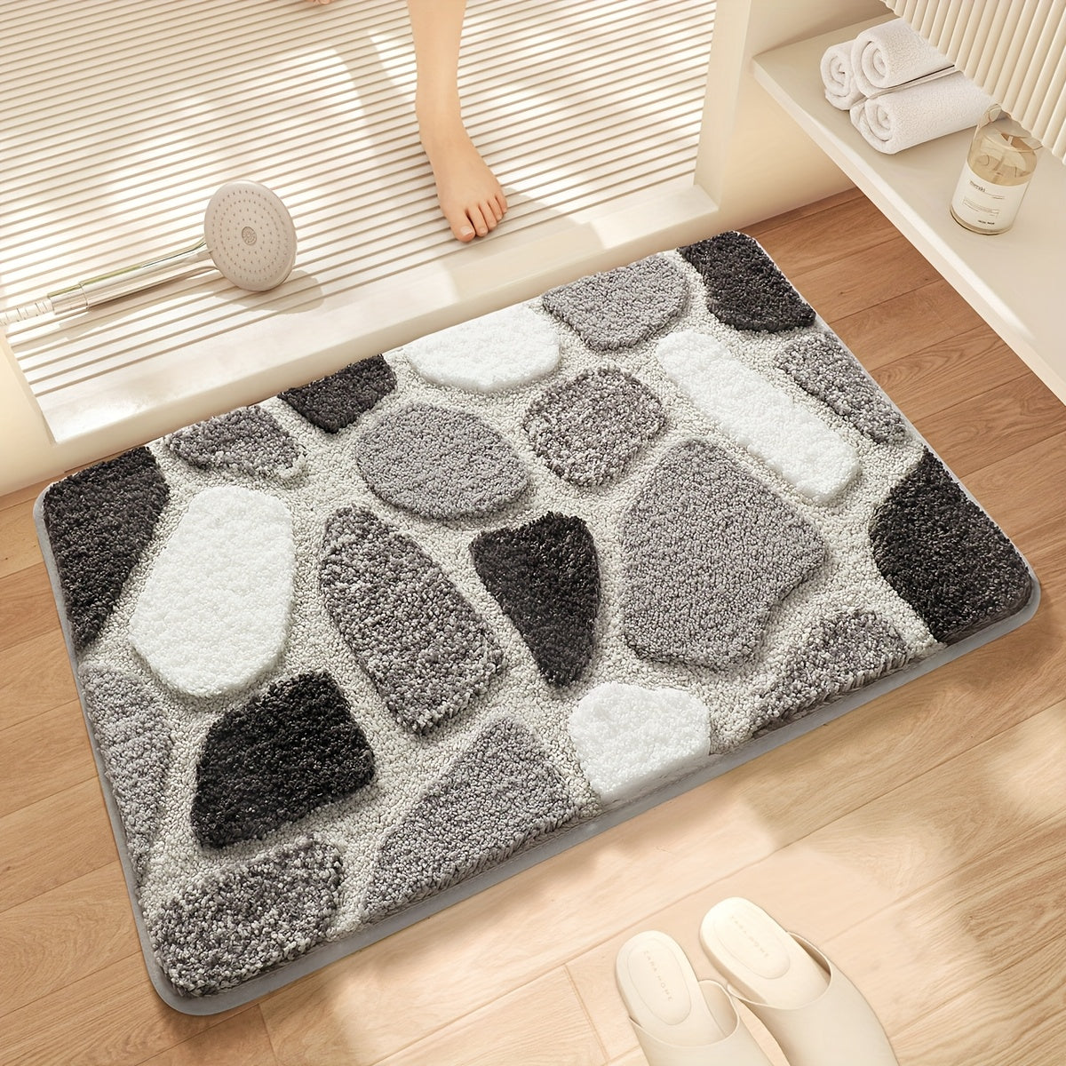 Tapis de salle de bain effet galets, relief tufté épais