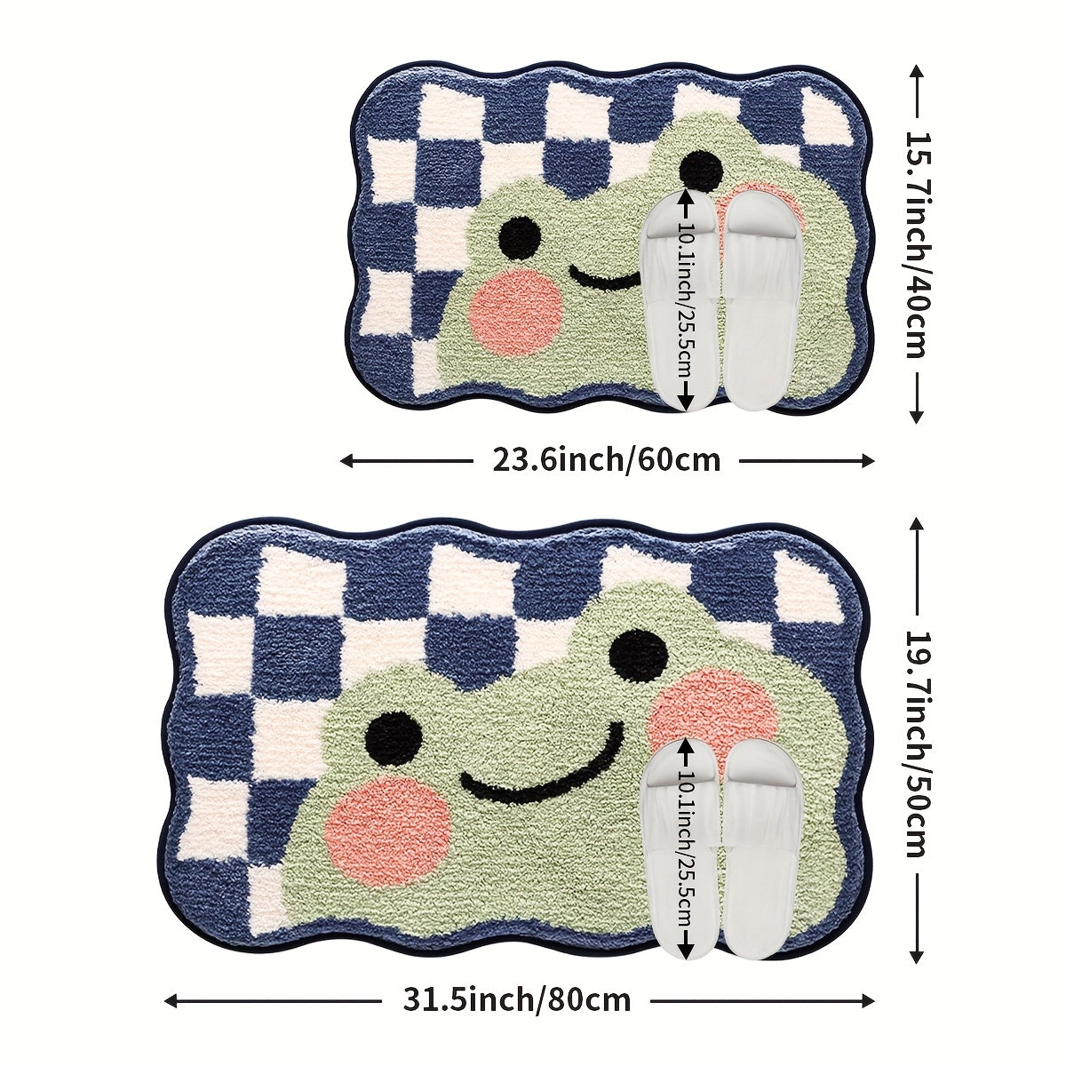 Tapis de salle de bain grenouille sur damier, festonné